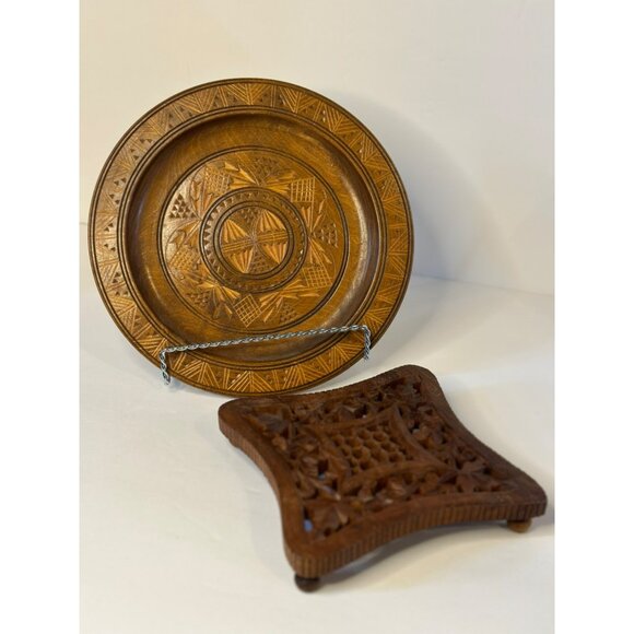 VTG 70‘s Hand Carved Wooden Wall Plate Bohemian - Rustic Home & Wooden Trivet - Picture 1 of 6